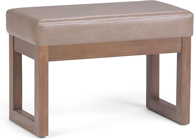 SIMPLIHOME Milltown Small Ottoman Bench - 27 inch Wide Upholstered Vegan Leather Rectangle Footstool Ottoman in Ash Blonde, Contemporary Bench for Bedroom or Living Room with Cushioned Seat, Assembled