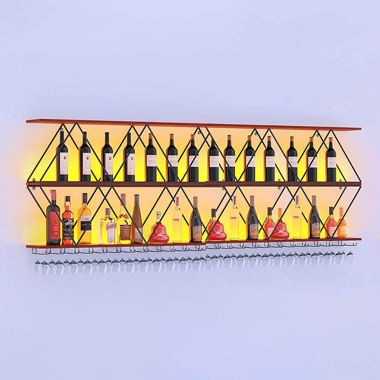 71in Wine Rack Wall Mount with Glass Holder, 3-Tier Floating Wine Rack, DIY Multi-Function Bar Wine Bottle Display Rack for Commercial Restaurants, Tea Rooms, Bars, Wine Cellars