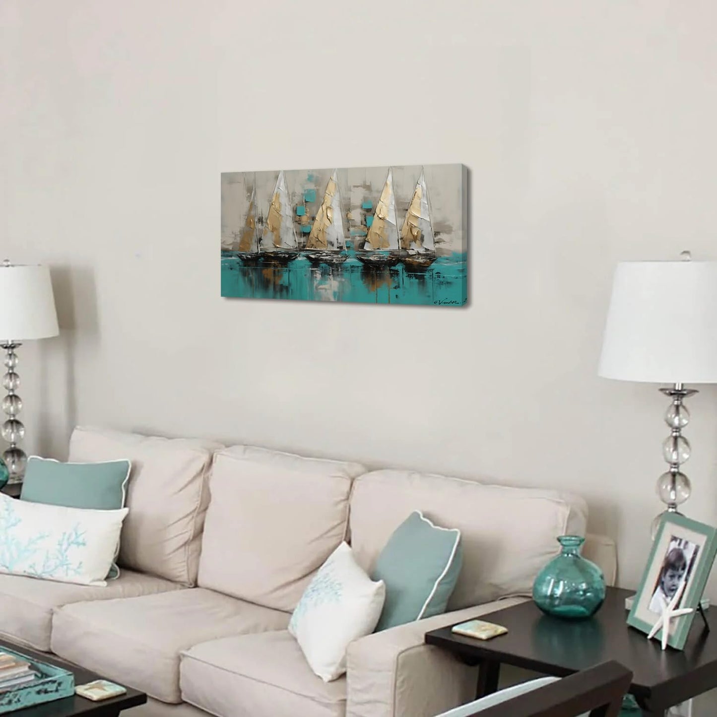 LASMOND Framed canvas wall art Large Boats for living room Nature bedroom Decor Ocean landscape sailboat Canvas painting Ready to Hang Office Home Decoration sea poster Pictures(20x40 Inches)