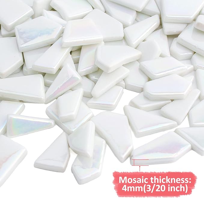 Youway Style Iridescent White Mosaic Tiles for Crafts Bulk,200g White Stained Glass Mosaic Supplies,Broken Glass Pieces for Garden Kit Crafts,DIY Mosaic Art