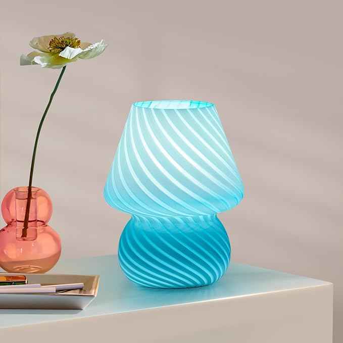 ONEWISH Mushroom Lamp, Small Table Lamp with Sea Blue Striped Glass, Nightstand Lamp Bulb Included