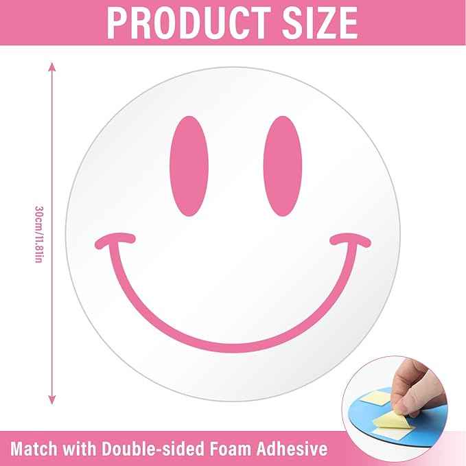 DARENYI Pink Preppy Mirror Circle, 12 inch Smiling Face Aesthetic Mirror for Teen Girls Preppy Room Wall Decor