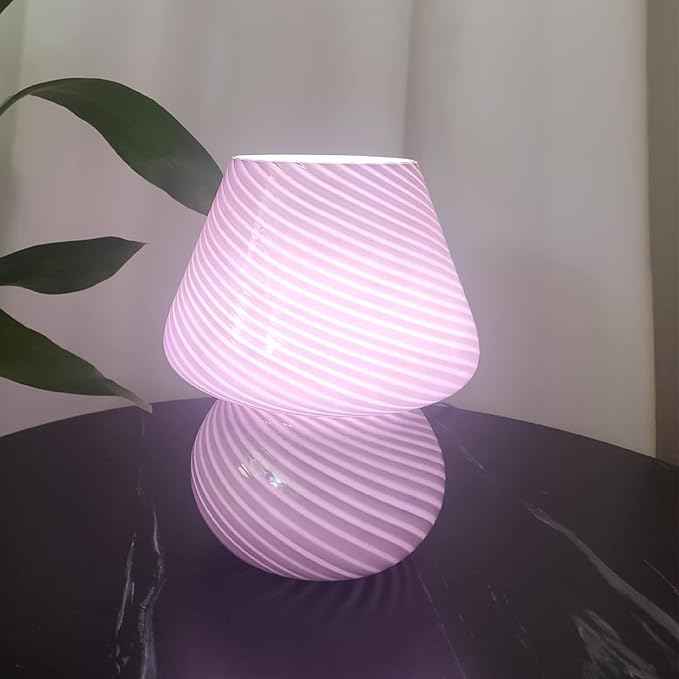 Mushroom Lamp,Glass Mushroom Bedside Table Lamps Purple Translucent Murano Vintage Style Striped Small Nightstand Desklamp Swirl Light for Home Decor, Dining, Living, Bedroom, Gift (Stripe Purple)