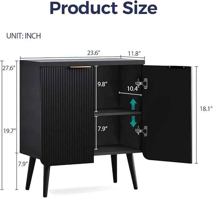 23.6" Modern Fluted Sideboard Cabinet with 2 Doors, Wood Storage Credenza with Shelves, Multi-Purpose Buffet Cabinet for Entryway, Dining & Living Room, Black