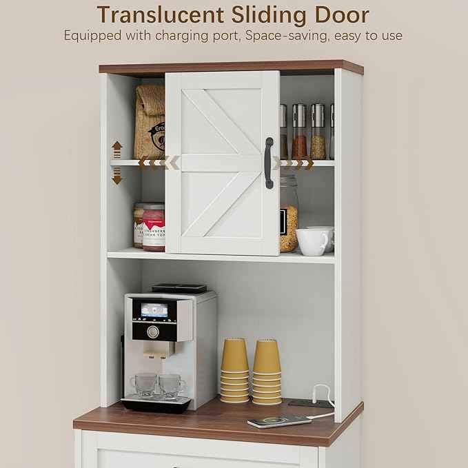 Vabches 68" Farmhouse Storage Cabinet with LED Light & Charging Station, Tall Kitchen Pantry Storage Cabinet with Storage Drawers, Coffee Bar with Hutch for Home Dining Living Room, Rustic White