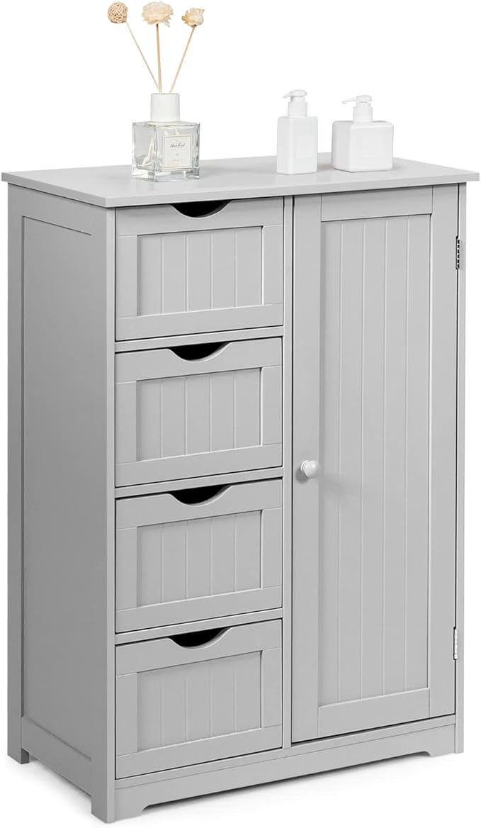 COSTWAY Bathroom Storage Cabinet, Wooden Freestanding Storage Cupboard Organizer with 4 Drawers & Adjustable Shelf, Modern Floor Cabinet for Living Room, Bathroom, Kitchen, Entryway (Grey)