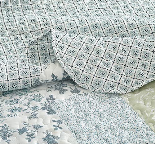 Multi Blue & Beige Floral Patchwork Quilt Set