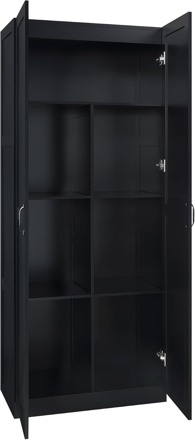 Manhattan Comfort Cornelia Modern Tall Storage Cabinet with Doors and Adjustable Shelves 1.0 - Freestanding Pantry Organizer for Kitchen, Laundry Room, Garage, or Mudroom, Set of 1, Black