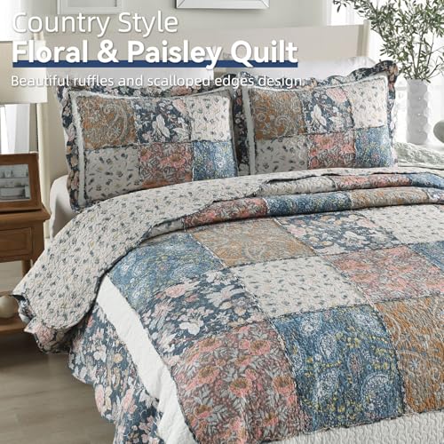 3 Piece Quilt Set Queen Size Quilted Bedspread Reversible Country Style Blue Floral Paisley Real Patchwork Bedding Quilt Set with Ruffles with Pillowcases for All Seasons