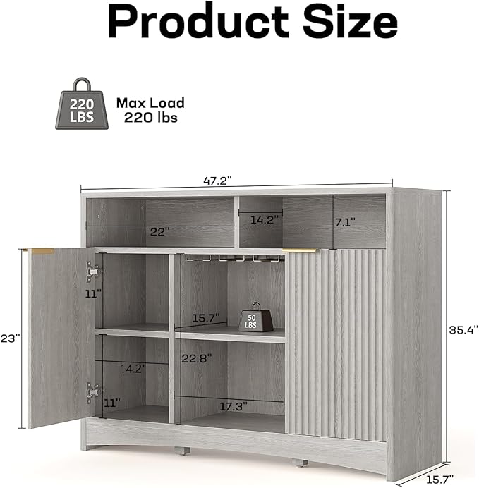 Marsail 47.2" Bar Cabinets with Storage,Modern Sideboard with Fluted Glass Doors,Versatile Coffee Bar with Adjustable Shelves and Stemware Rack for Kitchen and Living Room,Light Grey