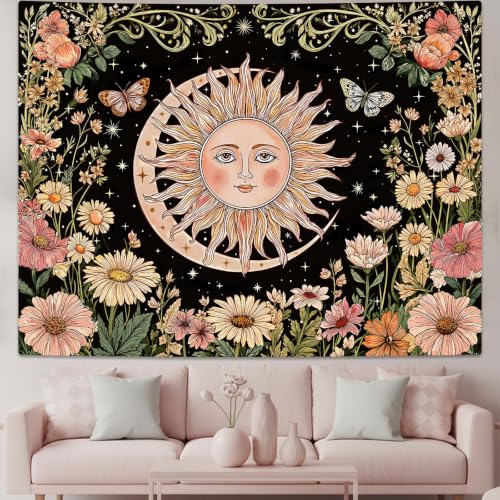 Boho Vintage Sun and Moon Hippie Floral Tapestry 48 x 36 Inch