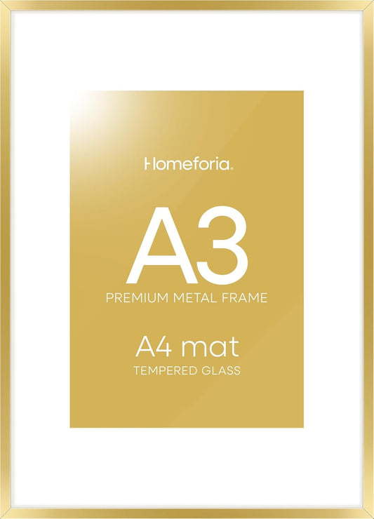 Homeforia A3 Picture Frame Gold, High End Metal 11.7 x 16.5 inch Poster Frames with Mat 8.3 by 11.7 for Photo, A3 Size Frames Matted to A4 Print, 11.7x16.5 Wall Hanging Frame, Tempered Glass, Set of 1