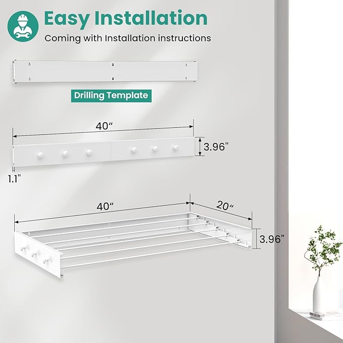Upgrade 6 Knob Hooks Laundry Drying Rack Clothing, Wall Mounted Clothes Drying Rack 40" Wide, Large Foldable Collapsible Laundry Racks for Drying Clothes with Wall Template, 5 Aluminum Rods