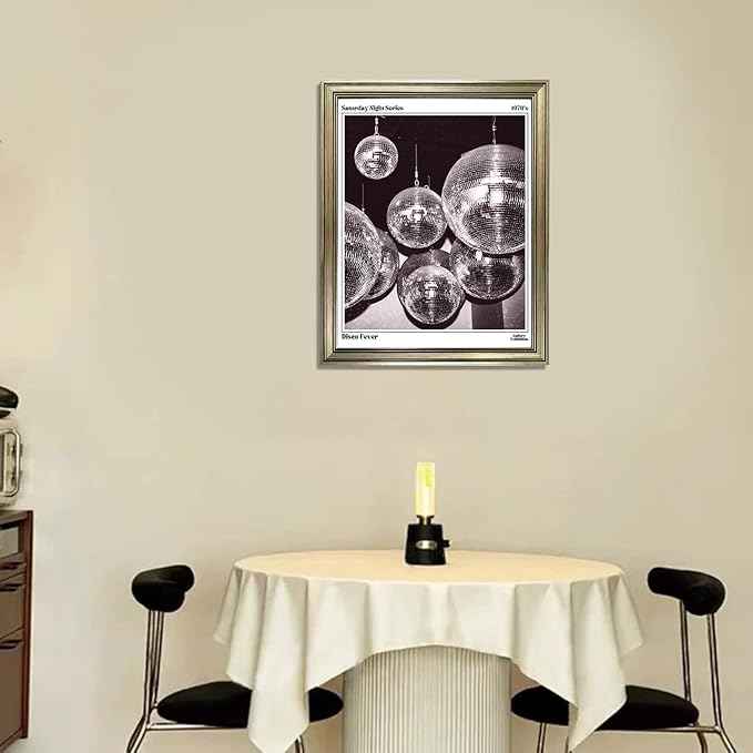 Disco Ball Music Wall Art, Vintage Framed Print Posters for Room Aesthetic Decor, Trendy Retro 70s Decor Funky Wall Art, Preppy Bar Cart Canvas Artwork