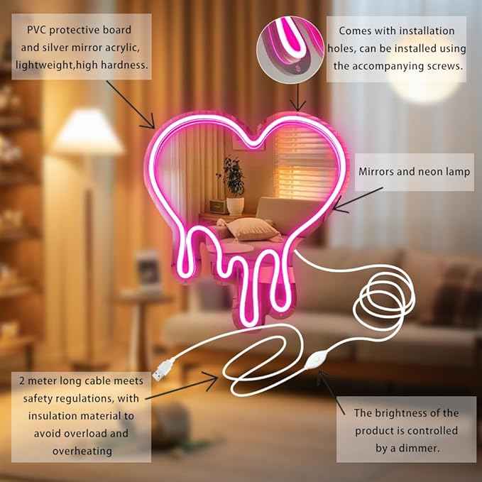 Melting Heart Neon Acrylic Mirror Sign with LED Light - Pink Neon Signs for Wall Decor Shatterproof, Rustproof, Lightweight, Adjustable Brightness Superior Aesthetic Appeal Neon Light Mirror