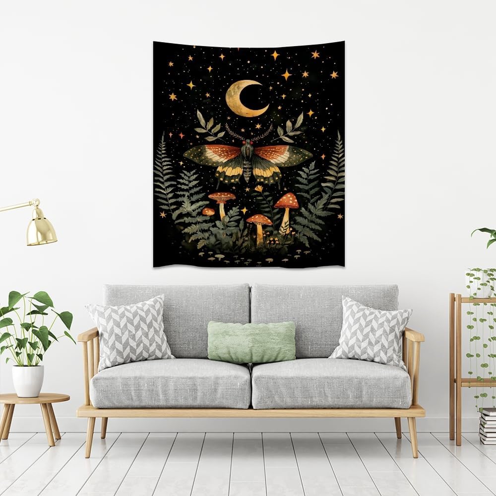 Mystical Moth Mushroom Tapestry Dark Academia Aesthetic Wall Hanging Decor Moon Star Witchy Print Butterfly Enchanted Forest Tapestries for Home Bedroom Living Room Office Decor 70x90inch