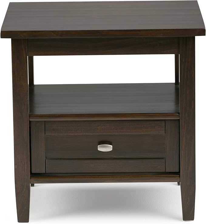 SIMPLIHOME Warm Shaker End Table - 20 inch Wide Solid Wood Side Table in Tobacco Brown, Transitional Accent Table for Living Room or Bedroom with Drawer, Open Shelf and Square Tapered Legs