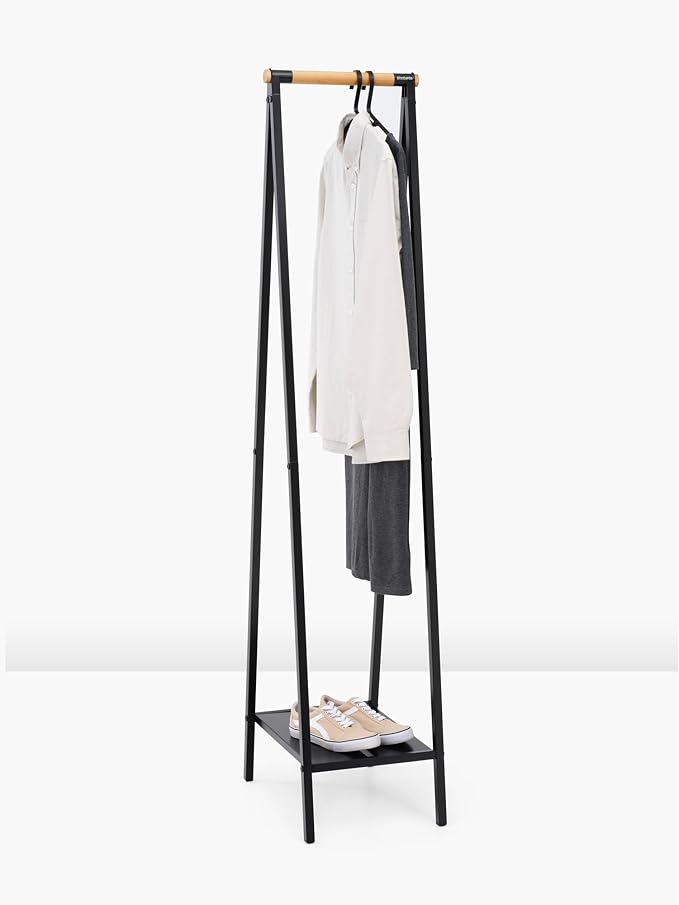 Brabantia - Linn Clothes Rack, Compact - Free Standing Clothing Rail - Clothes Storage - Hang, Air, or Dry Clothes - Sturdy Steel Frame & Bamboo Rod - 19 x 13 x 67 inches - Black