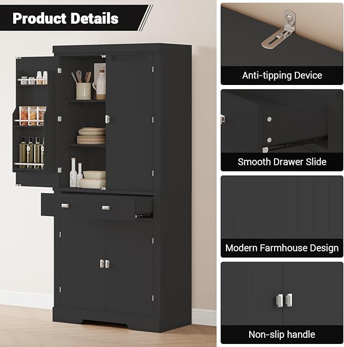 72" Tall Kitchen Pantry Cabinet with 6 Door Shelves, 2 Cabinets & 4 Adjustable Shelves, Freestanding Storage Cabinet for Kitchen, Living Room, Dining Room, Black