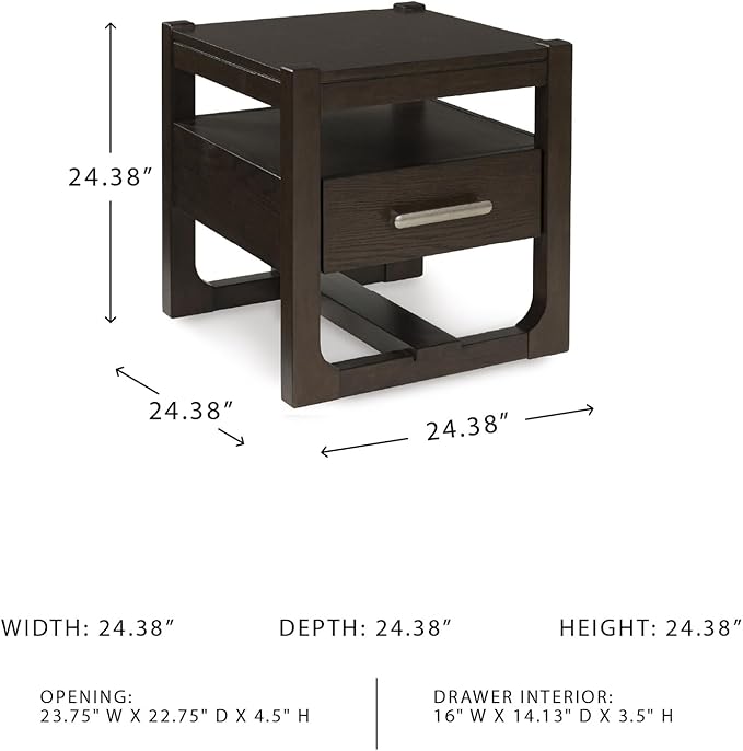 Signature Design by Ashley Breckington Modern End Table with 1 Drawer, Open Shelf and Trestle Base, Dark Brown