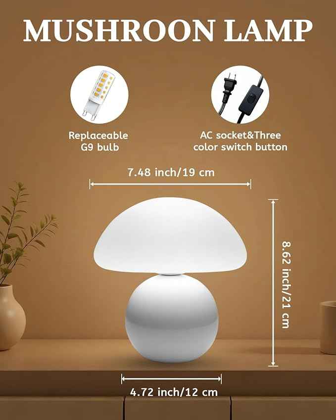 Mushroom Lamp Table Lamp for Bedroom,Desk Bedside Small Lamps for Living Room Night Stands,Mushroom Decor Cute Mini Modern Mid Century Lamps,Unique Aesthetic Home Living Room Decor(White)