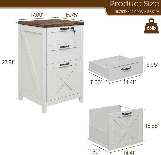 Vabches Vertical File Cabinet with 3 Drawers, Wooden Farmhouse Filing Cabinet for Letter/A4 Size Hanging Files, Under Desk Printer Stand with Storage for Home Office, White and Lock