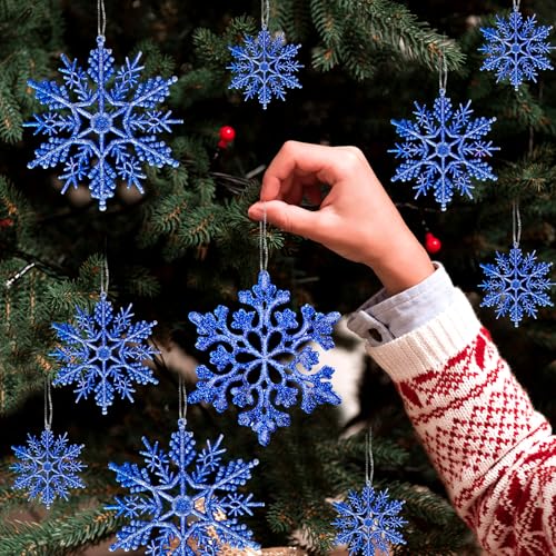Christmas Tree Decorations Snowflake Ornaments 36Pcs Blue Silver Glitter Plastic Hanging Snowflakes from Ceiling Snow Flakes Decorating Hanging for Winter Wonderland Decorations Indoor Outdoor Decor (36 Count)