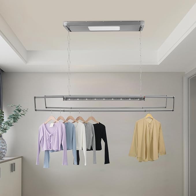 Electric Retractable Airing Rack, Ceiling Mounted Clothes Drying Rack, Retractable Clothesline, Vertical Laundry Drying Rod with LED Light & Remote, 110V 24W, Gray