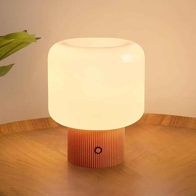 Halo Mushroom Lamp, 5W Cute Cordless Rechargeable Table Lamp with Glass Shade, 3-Color Dimmable Small Retro Touch Bedside Lamp for Bedroom Ambient Decor (Orange)