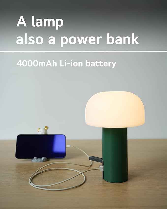 Cordless Mushroom Table Lamp, Waterproof Shower Lamp, Battery Operated Table Lamp Rechargeable, Touch Dimmable Night Light for Bedroom/Patio/Camping/Dinning/Outdoor (Green)