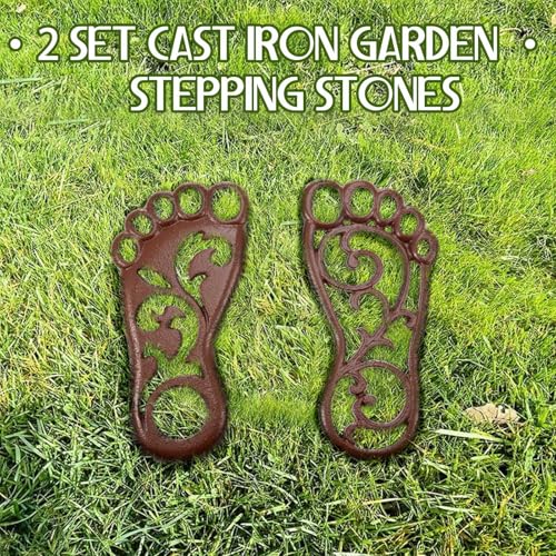 2 Sets Cast Iron Garden Stake Down Stepping Stones Feet Heavy Duty Footprint Stepping Mat Walking Stones for Garden Walkway Decor Cast Iron Flagstone Lawn Panel Walkway Landscaping Outdoor (4 Count)