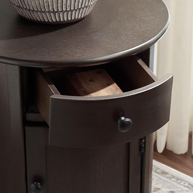 SAFAVIEH Home Collection – Tabitha Dark Chocolate Accent Table, Round Swivel Side Table with 1 Drawer & Interior Cabinet Storage, Classic Pedestal Design, Fully Assembled (AMH5712F)