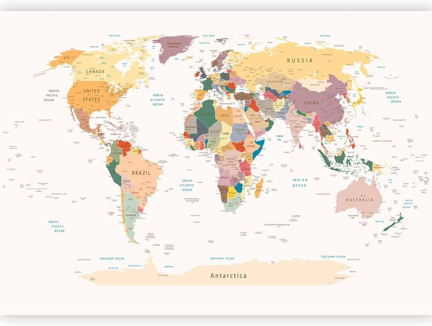 artgeist Wall Mural World Map 173x124 in - Peel and Stick Self-Adhesive Wallpaper Removable Large Sticker Foil Wall Decor Print Picture Image Design Map of The World k-B-0001-a-b