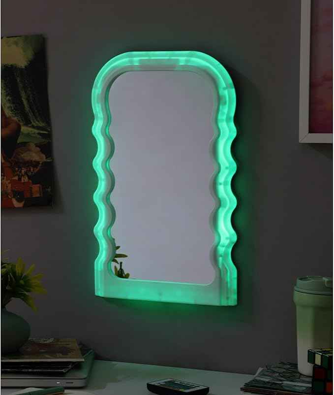 Urban Lifestyle LED Wavy Wall Mirror,Color Changing Light Up Mirror for Bedroom, Living Room or Dorm,16.5" x 10.28"