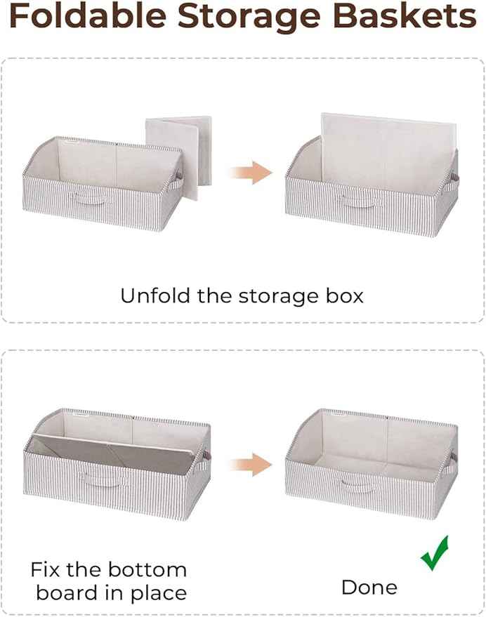 StorageWorks Closet Storage Bins, Trapezoid Organizer Box for Shelves, Fabric Clothes Bin, Foldable Organizing Baskets with Handles, Large, Khaki and Beige Stripes, 3-Pack