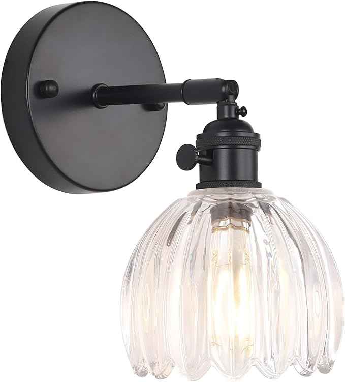 Vintage Wall Sconce with Transparent Tulip Glass Lampshade 180 Degree Adjustable Black Sconce Hradwired Modern Wall Lighting Fixture with Switch for Bedside Bedroom Doorway