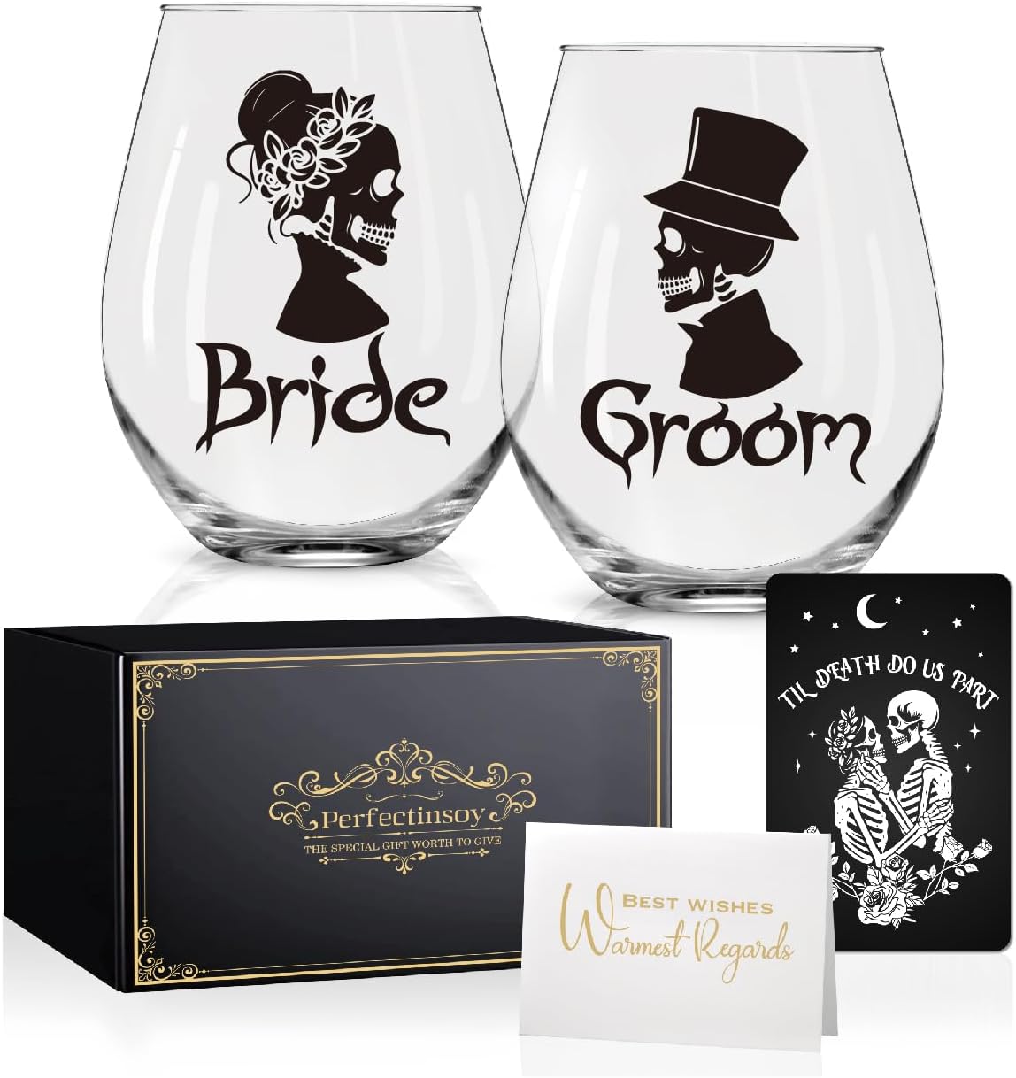 Perfectinsoy Skull Wine Glass 2 Piece with Gift Box, Zombie Design, Valentine's Day Autumn Halloween, Anniversary Wedding Gifts, Couple Gifts for Boyfriend and Girlfriend. (Bride Groom Set of 2)