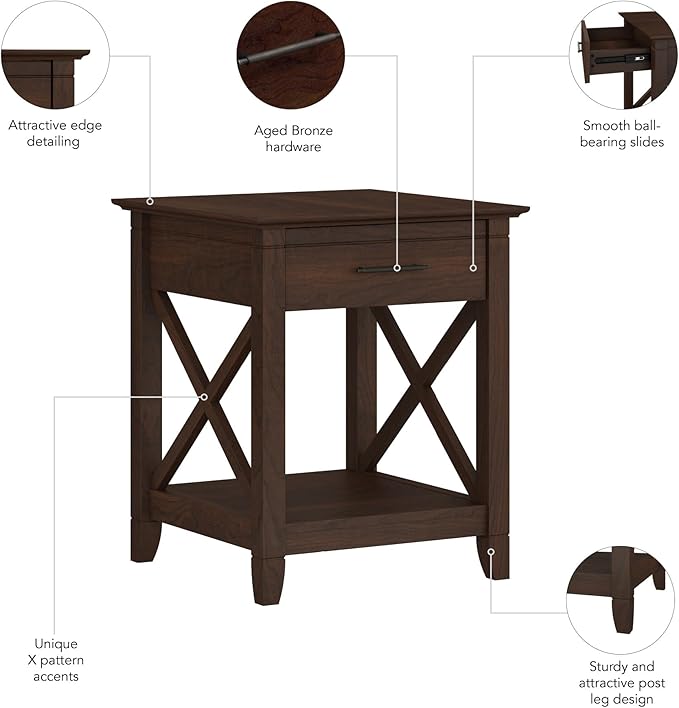 Bush Home End Table with Drawer, Nightstand with Storage, Living Room and Bedroom Furniture, Key West Collection, Bing Cherry