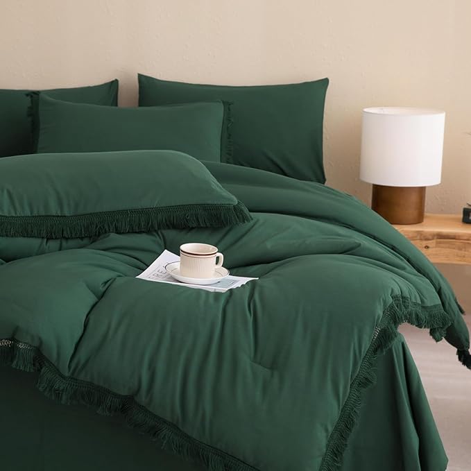 Andency Oversized King Comforter Set with Sheets 128x120 Dark Emerald Green - 7 Pieces Bed in a Bag Boho Soft Lightweight Bedding Set, Tassel Bed Set with Comforter, Sheets, Pillowcases & Shams