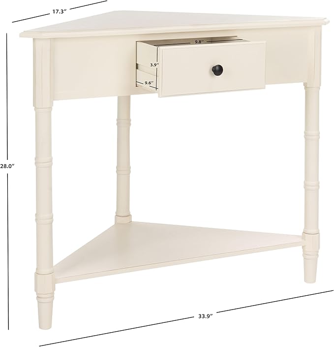 SAFAVIEH Home Collection – Gomez Distressed Cream Corner Accent Table with Drawer & Shelf, Space-Saving Triangular Design, Small Space Storage Table (AMH5709C)