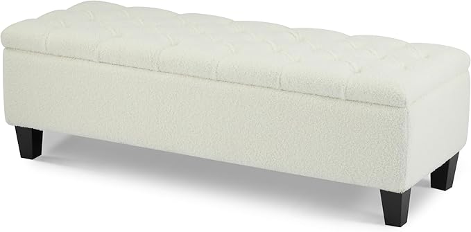 Christopher Knight Home Ottilie Boucle Fabric Storage Ottoman Bench, Wooden Rectangular Ottoman with Storage, Bedroom End of Bed Foot Stool, Entryway Ottoman Footrest, Living Room Extra Seat, White