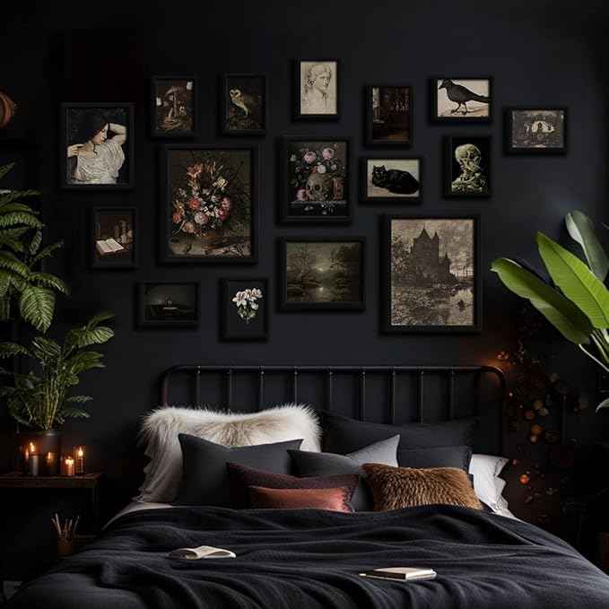 16 PCS Dark Academia Room Decor, Gothic Home Decor, Moody Wall Art Prints for Bedroom, Witchy Posters for Room Aesthetic, Wall Collage Kit Pictures for Living Room, Halloween Dorm Gallery Decor