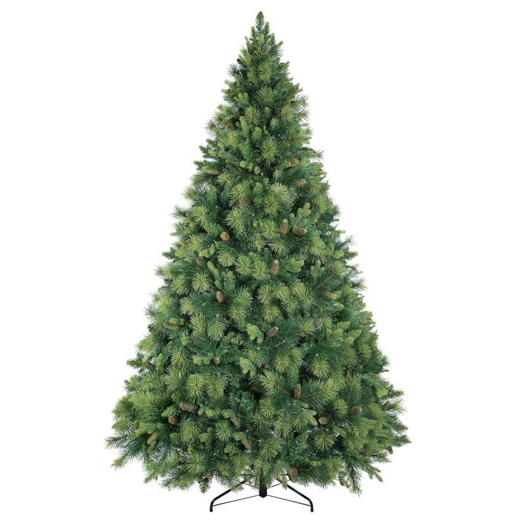 9ft Christmas Tree with Lights Realistic Traditional Christmas Tree Prelit with Pine Cones Foot Pedal 2294 Branch Tips 1050 Warm Lights and Metal Stand Aritificial