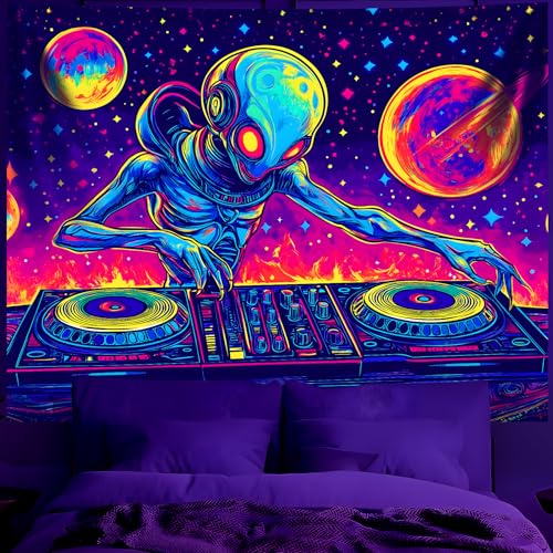 Blacklight Space Astronaut Tapestry UV Reactive Galaxy Planet Glow in Dark Tapestries Black Light Poster Neon Wall Hanging Art for bedroom Living Room