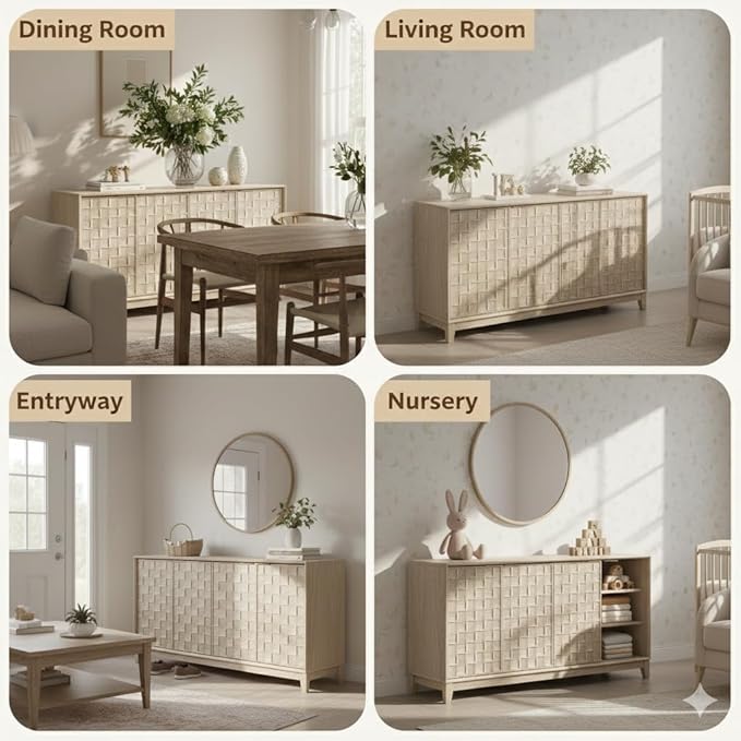 COLAMY 60" Sideboard Buffet Cabinet with Storage, Modern 4-Door Buffet Table with 3D Checkerboard Doors & Solid Wood Legs, Large Coffee Bar Cabinet for Dining Room, Living Room, Entryway,Oak Mist