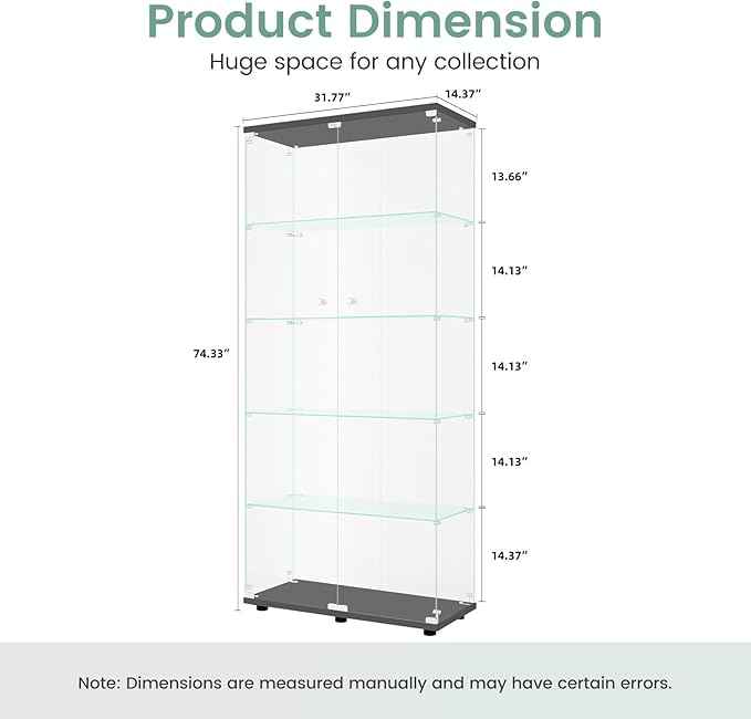 Beauty4U Glass Display Cabinet with 5 Shelves Double Door, Curio Cabinets for Living Room, Bedroom, Office, Black Floor Standing Glass Bookshelf, Quick Installation