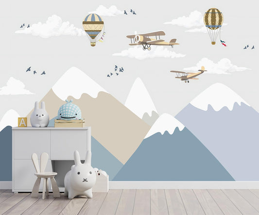 -Children's Room Cartoon Balloon Mountain Fabric Wallpaper Nursery Mural 140" x 91" (Not Peel and Stick)