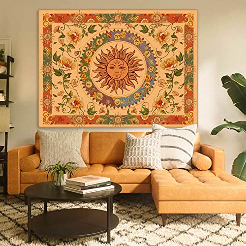 Yellow Sun and Moon Tapestry Hippie Indie Tapestries Boho Orange Flower Floral Tapestry Wall Hanging Cool Vintage Aesthetic Wall Tapestry for Bedroom Living Room Dorm