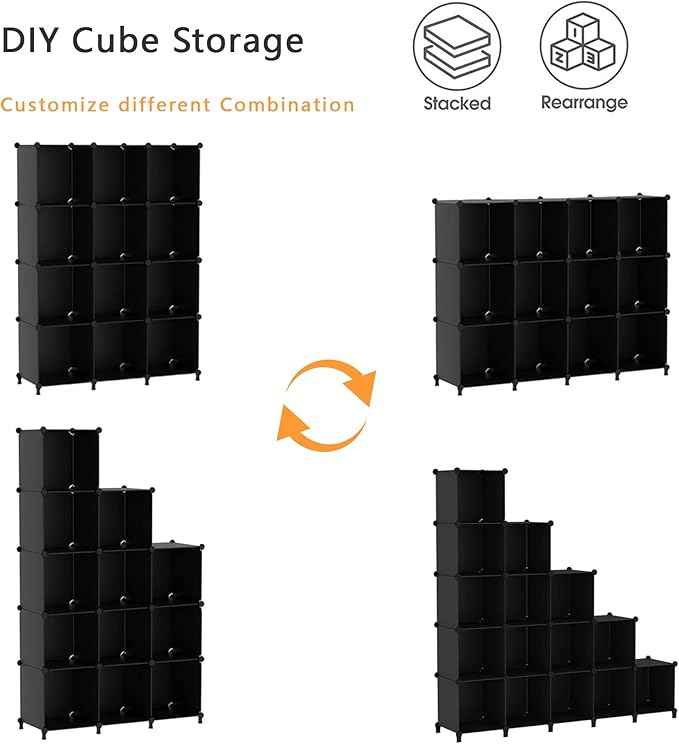 AWTATOS Cube Storage Organizer Closet Storage Shelves DIY Stackable Plastic Storage 12 Cube Bookshelf, Ideal Storage Organizer for Closet, Home, Bedroom, Black