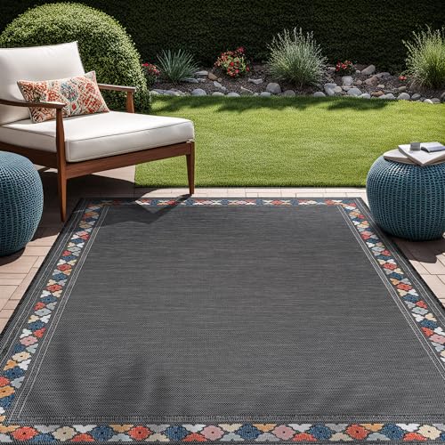 Outdoor Rug 10x14 Modern Bordered Large Area Rugs for Indoor and Outdoor Patio Easy to Clean Non Shedding Living Room Porch Garden Washable Outside Carpet